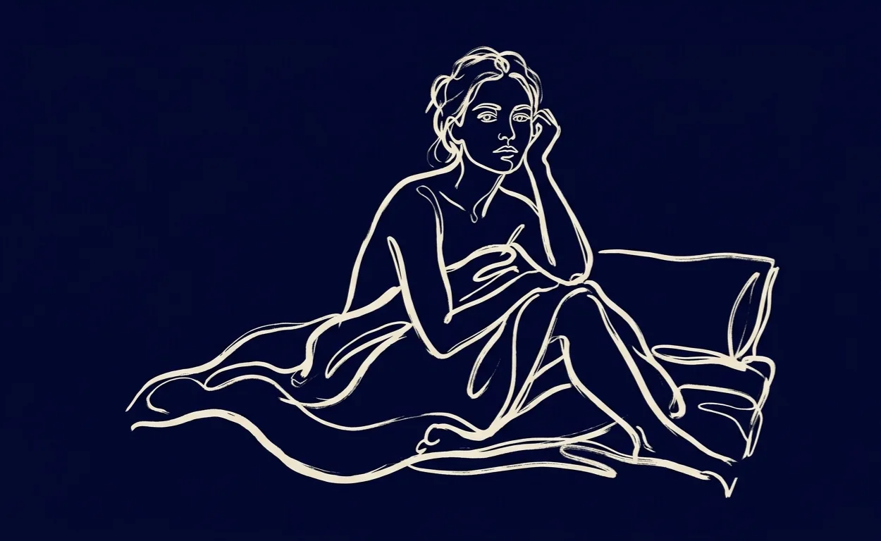Line-art illustration of a woman sitting up in bed at night